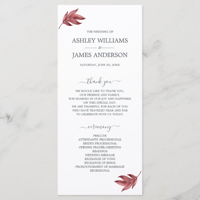 Chic Script Burgundy Leaf Minimal Wedding Programm (Vorderseite)
