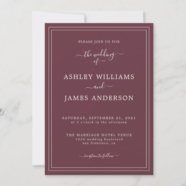 Chic Script Burgundy Wedding Einladung (Vorderseite)