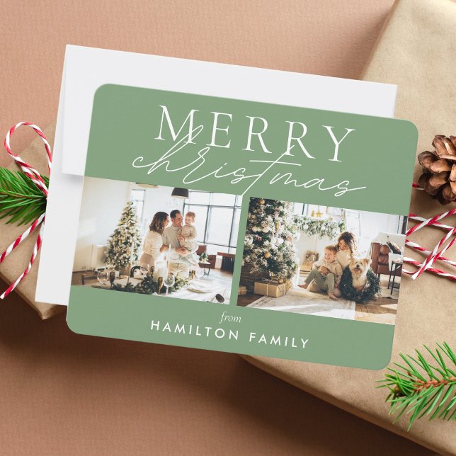 Chic Script Calligrafie Frohe Weihnachten Zwei Fot Mitteilungskarte (Von Creator hochgeladen)