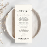 Chic Script Cream Wedding Reception Menükarte<br><div class="desc">Moderne und schicke helle cremefarbene Rezeption mit "menu" in einem Kalligraphieskript mit Swashes,  Ihrem maßgeschneiderten Menü in einfacher Typografie,  Ihren Vornamen verbunden mit einem Herz und Ihrem Empfang Datum.</div>