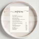 Chic Script Cream Wedding Reception Menükarte<br><div class="desc">Chic Creme Hochzeitsdinner Menü mit "Menü" in einer Kalligraphie Skript mit Swashes,  Ihre individuelle Speisekarte in der einfachen modernen Typografie,  Ihre Vornamen verbunden mit einem Herz und Ihr Empfang Datum.</div>