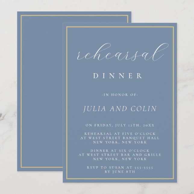 Chic Script Dusty Blue Probe Dinner Einladung (Vorne/Hinten)