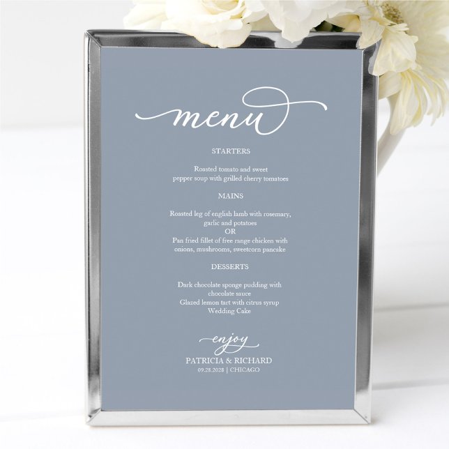 Chic Script Dusty Blue Wedding Menu Sign Poster (Von Creator hochgeladen)