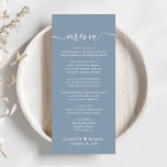 Chic Script Dusty Blue Wedding Menükarte<br><div class="desc">Moderne dustig blaue Speisekarte für Ihre Hochzeitsfeier,  Verlobungsfeier,  Probe-Dinner und andere Hochzeitsfeiern mit "Menü" in einem schicken weißen Kalligrafieschrift mit Swashes,  Ihrem maßgeschneiderten Menü in weißer Typografie,  Ihren Vornamen,  verbunden mit einem Herz und Ihrem Veranstaltungsdatum.</div>
