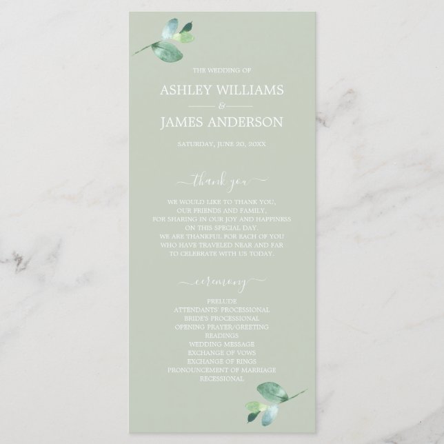 Chic Script Eucalyptus Foliage Green Wedding Programm (Vorderseite)