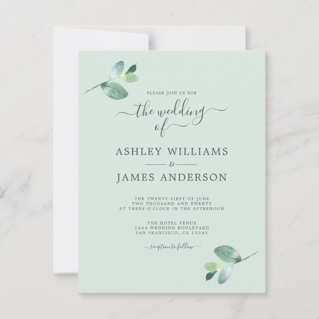 Chic Script Eucalyptus Foliage Minimale Hochzeit Einladung (Vorderseite)