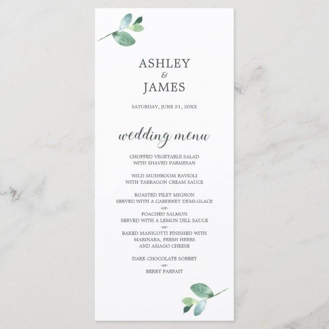 Chic Script Eucalyptus Foliage Minimale Hochzeit Menükarte (Vorderseite)