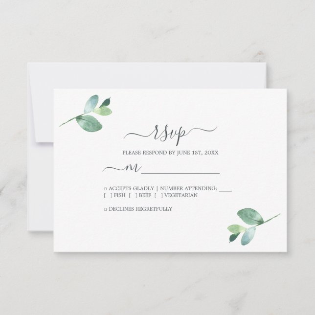 Chic Script Eucalyptus Foliage Minimale Hochzeit RSVP Karte (Vorderseite)