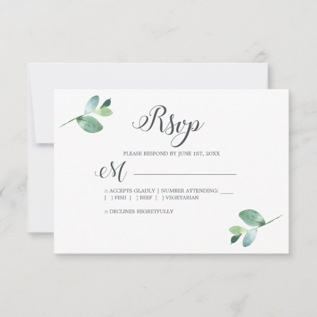 Chic Script Eucalyptus Foliage Minimale Hochzeit RSVP Karte (Vorderseite)