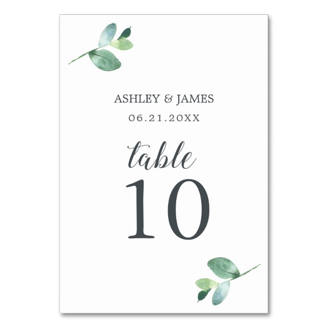 Chic Script Eucalyptus Foliage Minimale Hochzeit Tischnummer (Vorderseite)
