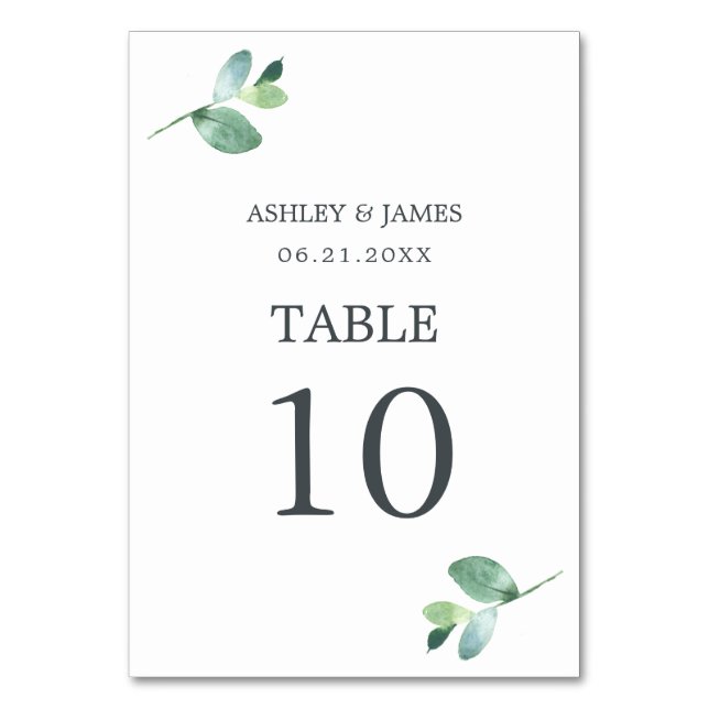 Chic Script Eucalyptus Foliage Minimale Hochzeit Tischnummer (Vorderseite)
