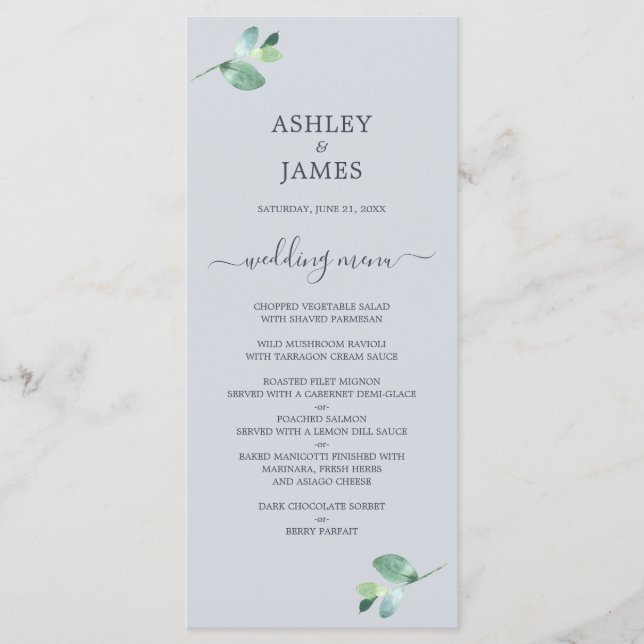 Chic Script Eucalyptus Foliage Pastel Blue Wedding Menükarte (Vorderseite)