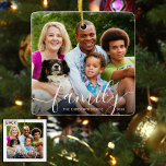 Chic Script FAMILY Foto Name Year Keramikornament<br><div class="desc">Modernes, schick weißes Drehbuch mit dem Titel FAMILY als Overlay auf Ihrem Foto. Fügen Sie Ihren Familiennamen und das Jahr hinzu, um ein schönes Sake-Ornament zu erstellen. Das Design wird auf der Rückseite dupliziert. FOTO-TIPP: Wählen Sie ein Foto mit dem Thema in der Mitte und/oder schneiden Sie es vor dem...</div>