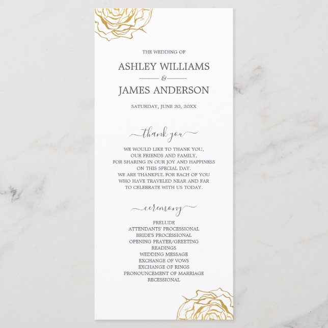 Chic Script Floral Gold Rose Einfache Hochzeit Programm (Vorderseite)