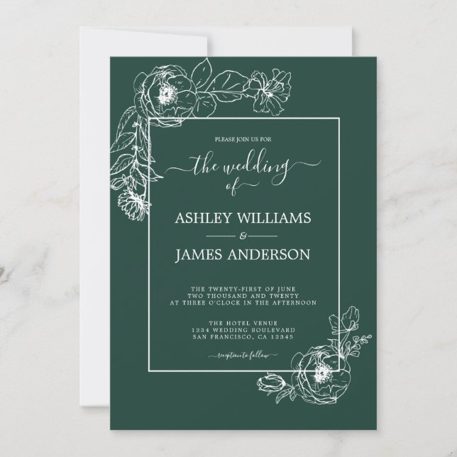 Chic Script floral Kontur Dark Green Wedding Einladung (Vorderseite)