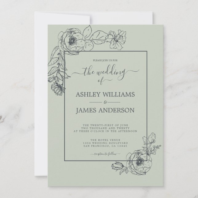 Chic Script floral Kontur Pastel Green Wedding Einladung (Vorderseite)