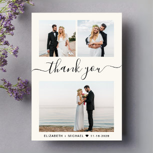 Chic Script Foto Collage Cream Wedding Dankeskarte