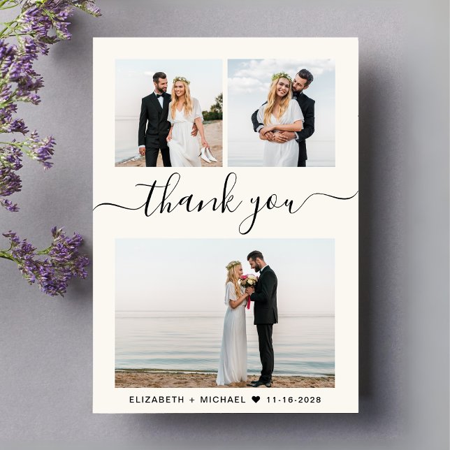 Chic Script Foto Collage Cream Wedding Dankeskarte (Celebrate your love story with a thank you card showcasing 3 of your wedding day photos)