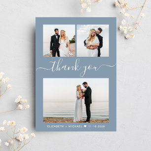 Chic Script Foto Collage Dusty Blue Wedding Dankeskarte