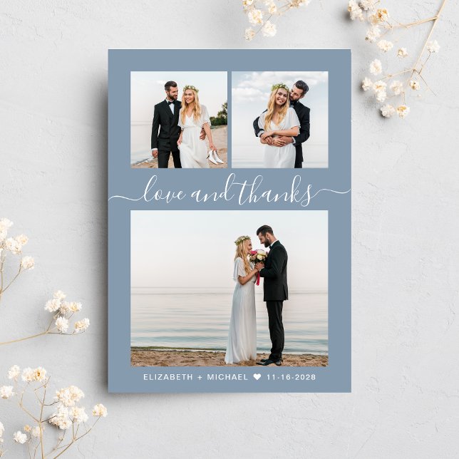 Chic Script Foto Collage Dusty Blue Wedding Dankeskarte (Celebrate your love story with a thank you card showcasing your favorite wedding day photos)