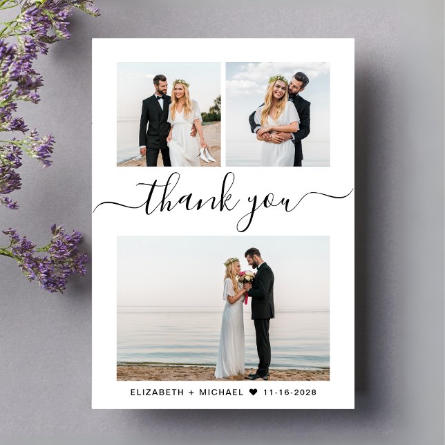 Chic Script Foto Collage Wedding Dankeskarte (Celebrate your love story with a thank you card showcasing your favorite wedding day photos)
