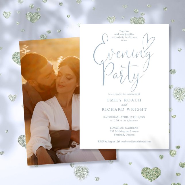 Chic Script Foto Dusty Blue Wedding Abend Party Einladung (Chic Script Photo Dusty Blue Wedding Evening Party Invitation)