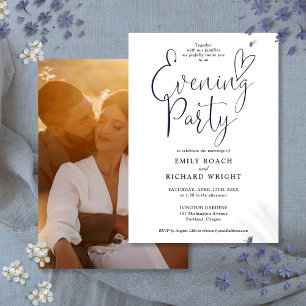 Chic Script Foto Navy Blue Wedding Abend Party Einladung