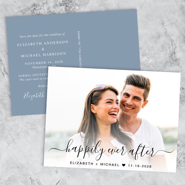 Chic Script Foto Overlay Dusty Blue Save the Date Ankündigungspostkarte (A chic dusty blue happily ever after photo save the date announcement)