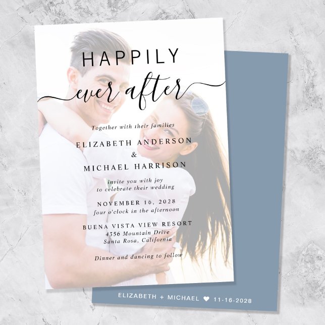Chic Script Foto Overlay Dusty Blue Wedding Einladung (A chic Happily Ever After Photo Wedding Invitation)