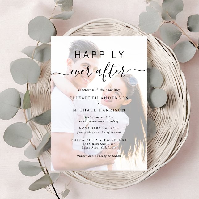 Chic Script Foto Overlay QR Code Cream Wedding Einladung (A chic Happily Ever After Photo Wedding Invitation)