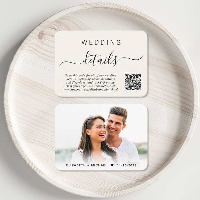 Chic Script Foto QR Code Cream Wedding Details Begleitkarte (Our user-friendly template will generate your QR code automatically from your website address)