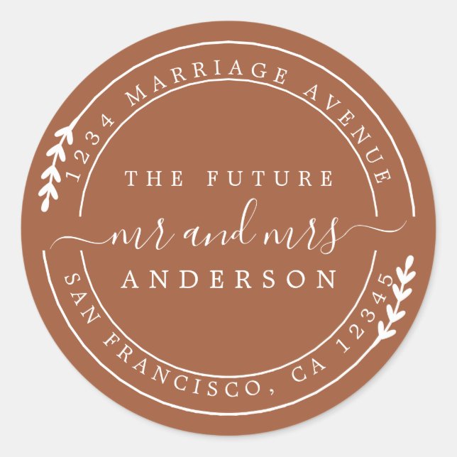 Chic Script Future Mr TerraCotta Return Addres Runder Aufkleber (Vorderseite)