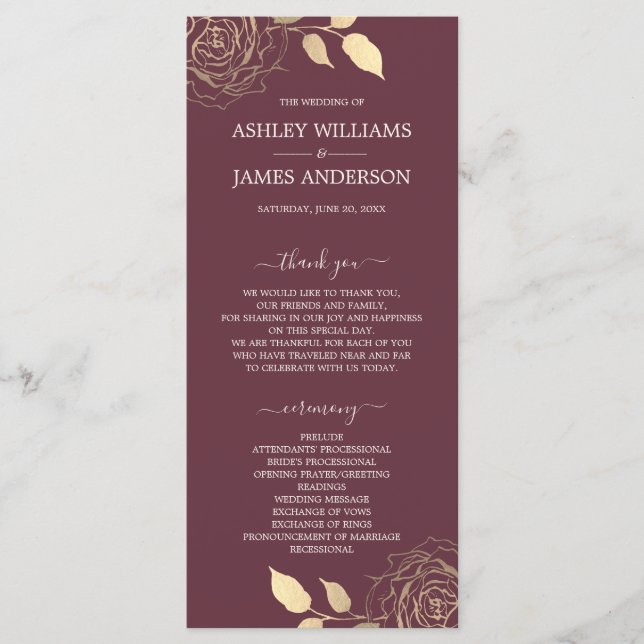 Chic Script Gold Floral Rose Burgundy Wedding Programm (Vorderseite)