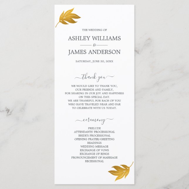 Chic Script Gold Leaf Minimale Hochzeit Programm (Vorderseite)