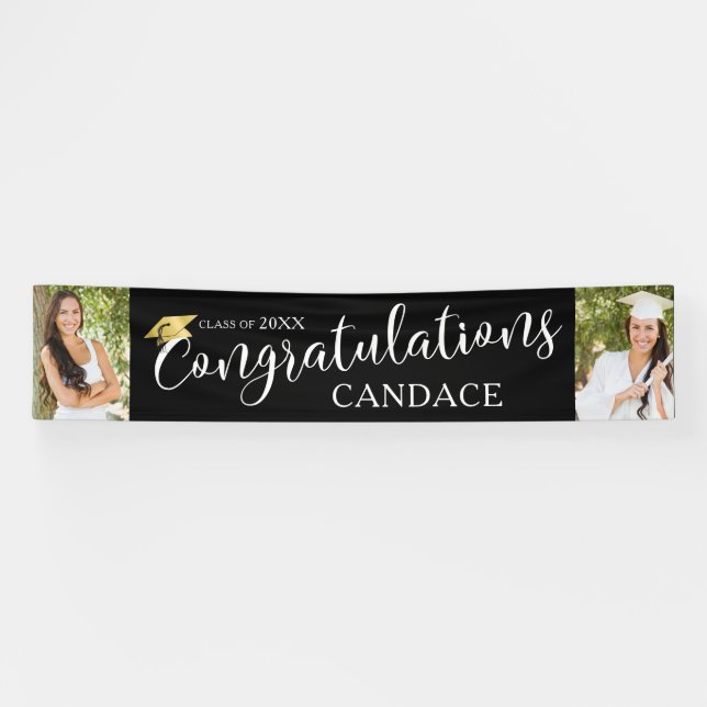 Chic Script GRATULATIONS Foto Abschluss Black Banner (Horizontal)