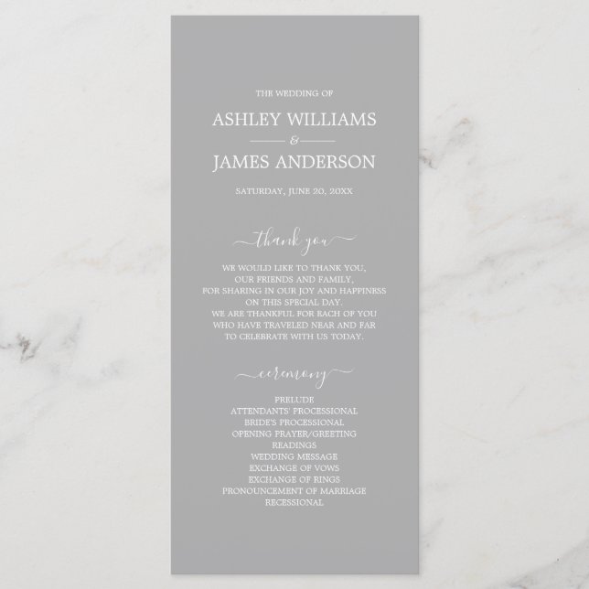Chic Script Gray Einfache Minimal Hochzeit Programm (Vorderseite)