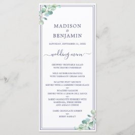 Chic Script Green Foliage Navy Blue Border Wedding Menükarte