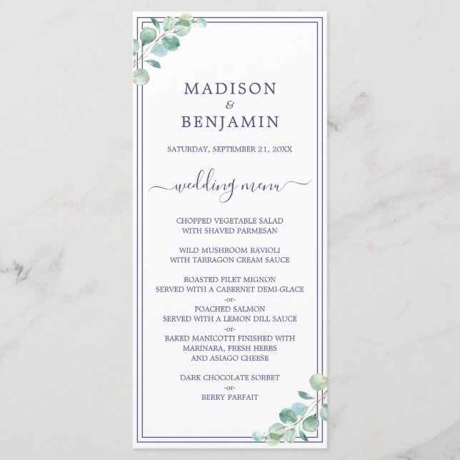 Chic Script Green Foliage Navy Blue Border Wedding Menükarte (Vorderseite)