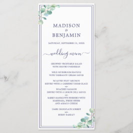 Chic Script Green Foliage Navy Blue Border Wedding Menükarte