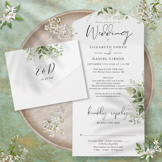 Chic Script Greenery Blumendetails UAWG Wedding All In One Einladung (Chic Script Greenery Floral Details RSVP Wedding All In One Invitation)