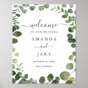 Chic Script Greenery Eucalyptus Wedding Willkommen Poster