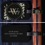 Chic Script Greenery Gold Monogram Black Gepäckanhänger<br><div class="desc">Dieses schicke,  gürtelförmige Design mit zarten Aquarellfarben-Blätter kann mit dem ersten Goldmonogramm personalisiert werden. Entwickelt von Thisisnotme©</div>