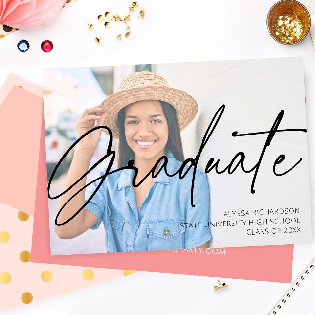 Chic Script H Foto Graduation Party Pink Einladung (Von Creator hochgeladen)