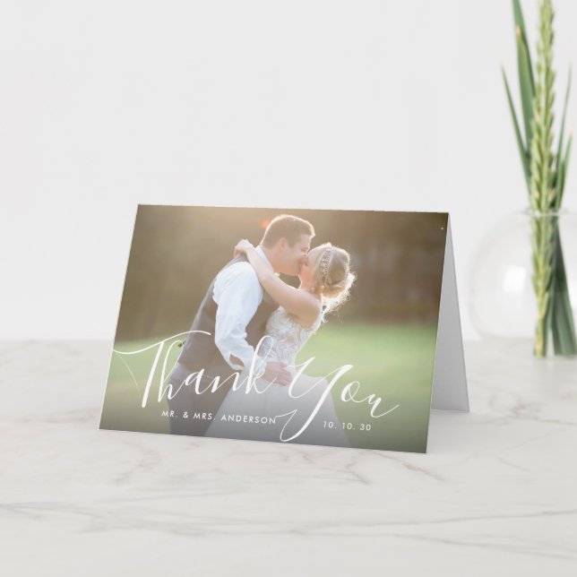 Chic Script Hand Lettered Foto Wedding Vielen Dank Karte (Vorderseite)
