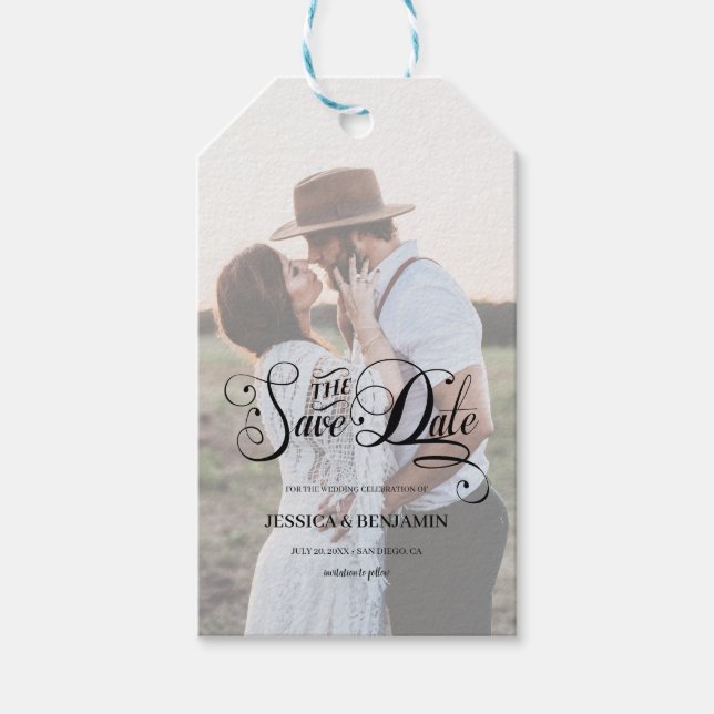 Chic Script Imitats Vellum Effect Foto Save the Da Geschenkanhänger (Vorderseite)
