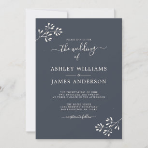 Chic Script Ivory Foliage Dark Blue Wedding Einladung
