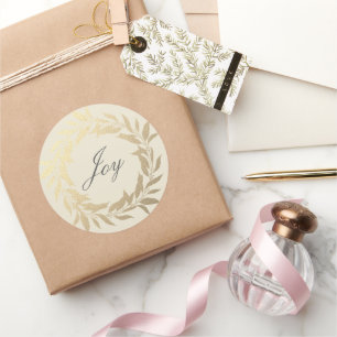 Chic Script Joy Gold Wreath Weihnachten Off-White Runder Aufkleber