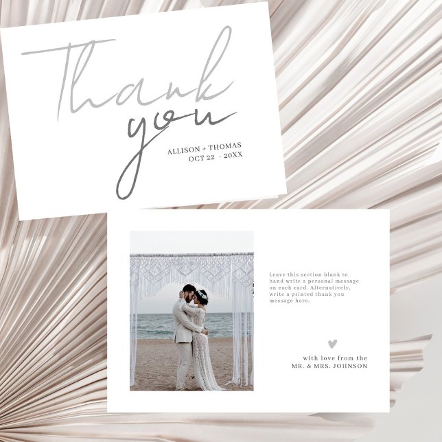 Chic Script Minimalistisch Foto Light Gray Wedding Dankeskarte (Von Creator hochgeladen)