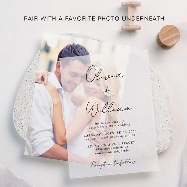 Chic Script Minimalistisch Wedding (Elevate your wedding invitations with the timeless beauty of vellum overlays)