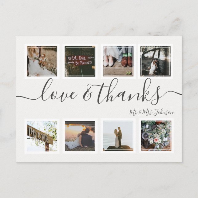 Chic Script Modern Foto Collage Wedding Vielen Dan Postkarte (Vorderseite)